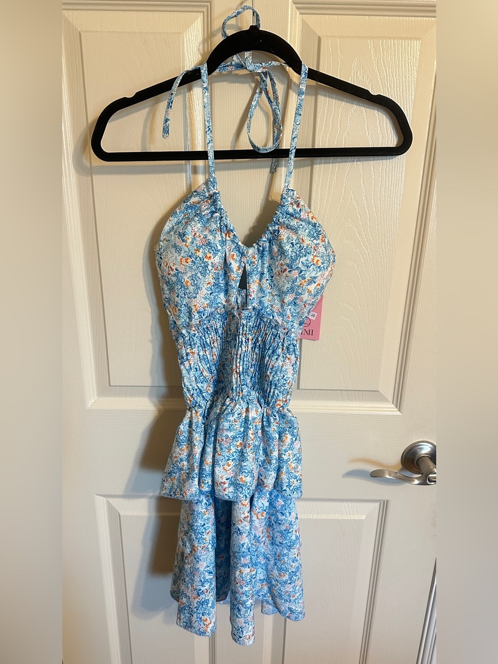 Timi Floral Multi-Colored Adjustable Halter Smocked Mini Dress, Blue, Sz S, NWT